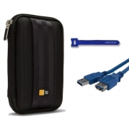Case Logic Portable EVA Case for External Hard Drives (QHDC-101BLACK) + USB 3.0 Extension, Male A to Female A Cable - 3ft, Gold Plated + Blue Velcro Cable Tie